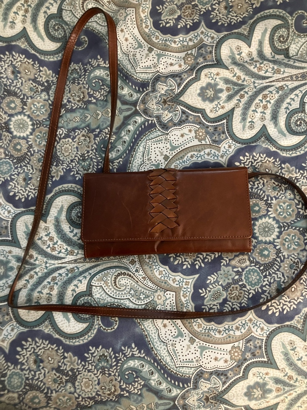 Lodis Brown Leather Crossbody with Woven Front Detail